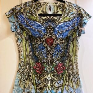💎 Beautiful 💎 Jeweled ✝️ Cross Tee. EUC Size Med